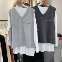 2021 Korean version of autumn clothes casual wild Dongdaemun loose vest pullover v-neck pure cotton long-sleeved womens t-shirt two-piece set