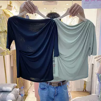 2021 summer new Korean loose slim personality slip shoulder solid color versatile simple temperament short sleeve t-shirt women