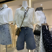 Cute printed short sleeves Summer new 100 lap Polo collar Korea East Dairy Plum Almond color single row of girls lining clothes