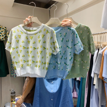 South Korea East gate 2022 girls casual summer dress new Korean version round collar set with small flower knit short sleeves