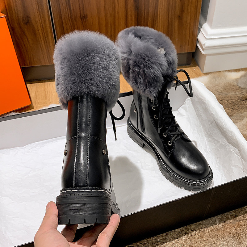 Real Leather Snowy Boots Woman 2020 New fur integrated midcylinder thick bottom Martin boots Winter gush thickened cotton shoes