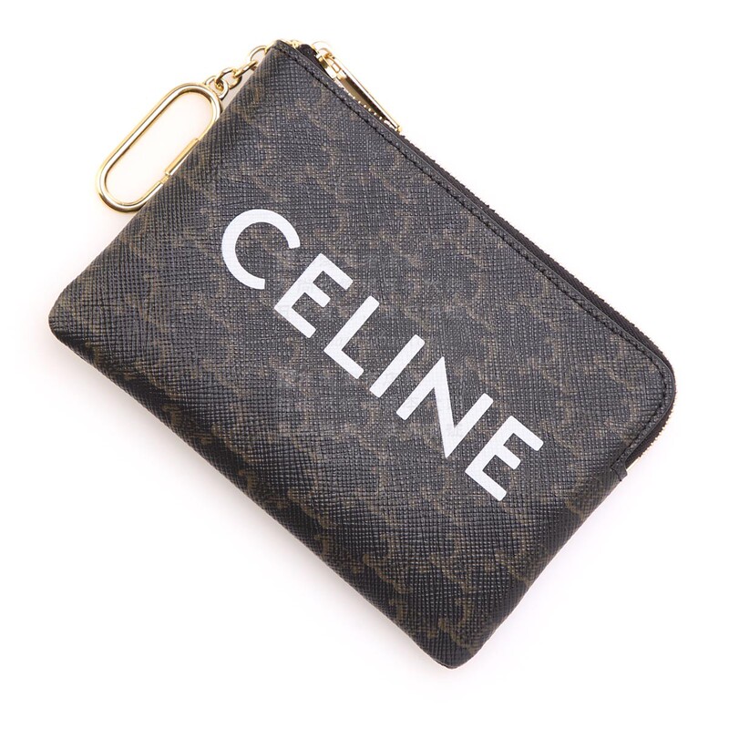 Celine Triomphe Unisex Gift Genuine Leather Zipper Short Wallet with Gold Thread Embroidery 10C66