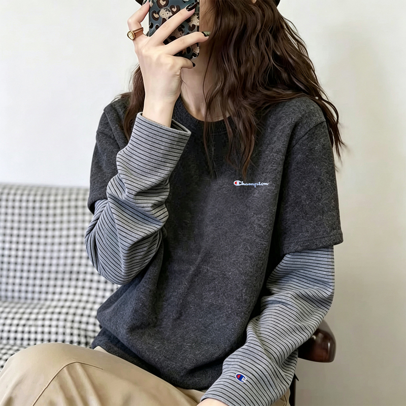 Japanese Style Champion Two-Piece Striped Brushed Spliced Long-Sleeve T-Shirt for Women, 2026 Autumn New Gray Base Shirt