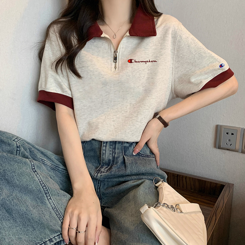 Japanese Version Champion Polo Collar Short-Sleeve T-Shirt for Women 2026 Summer New Style Zipper Loose Pure Cotton Short Top T-Shirt