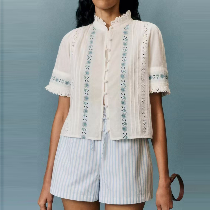 French-Style Heavy Embroidery Fusing Traditional Embroidery Techniques, Lace Trim Short-Sleeve Shirt in Pure Cotton