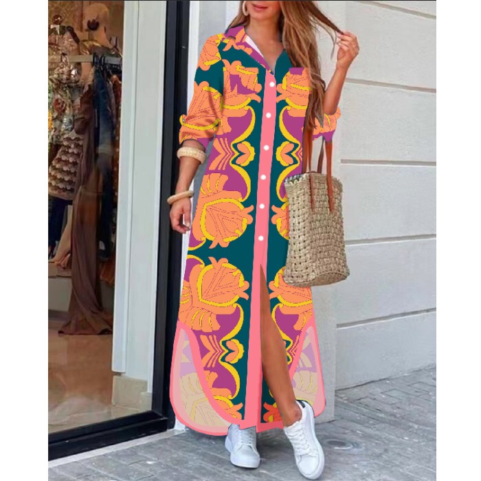 2024 European and American Fashion Long-Sleeved Printed Lapel Shirt Dress Aliexpress Amazon Loose Casual Long Dress 2024 European and American Fashion Long-Sleeved Printed Lapel Shirt Dress Aliexpress Amazon Loose Casual Long Dress