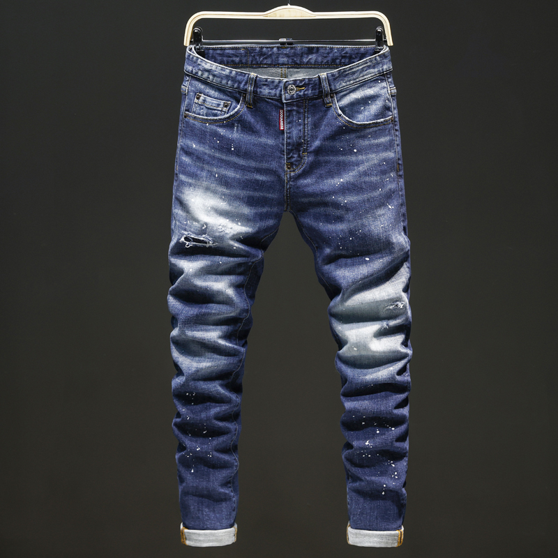 Spring and Summer New High-End Ripped Jeans for Men, Trendy Brand Slim Fit Skinny Stretch Patch Casual Light Blue D2 Pants