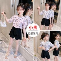 Girl Summer Clothing Online Red Snowspinning Short Sleeve Suit Foreign Air 2022 New CUHK Girl Girl Short Skirt Children Two Sets