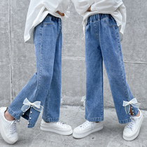 Girl Pants Han Version 2022 New Ocean Qi Children Jeans CUHK Girl Girl Spring Autumn Loose Broadlegged Pants Tide