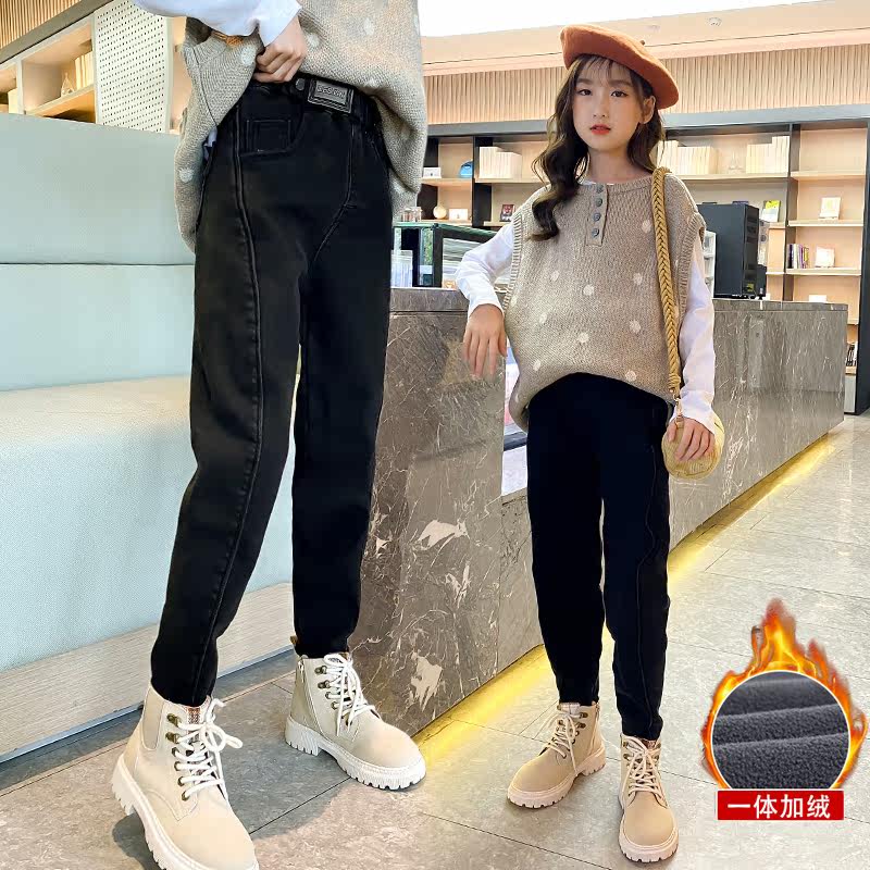 Girl Thickened Jeans 2021 New Children Plus Suede Big Boy Foreign Wear Girl Autumn Winter Smoke Pipe Pants