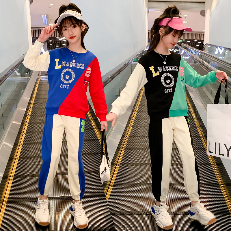 Girl's thick T-shirt suit 2022 new spring clothing CUHK Scout little girl Spring autumn collage sport Two suits