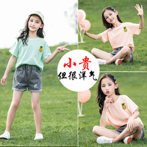Girl set 2021 new middle and big girl short sleeve summer children Foreign style denim shorts two-piece trend