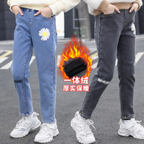 Girl Jeans Winter Plus Suede Thickening CUHK Child Loose Casual Pants Children Integrated Suede Pants Girl
