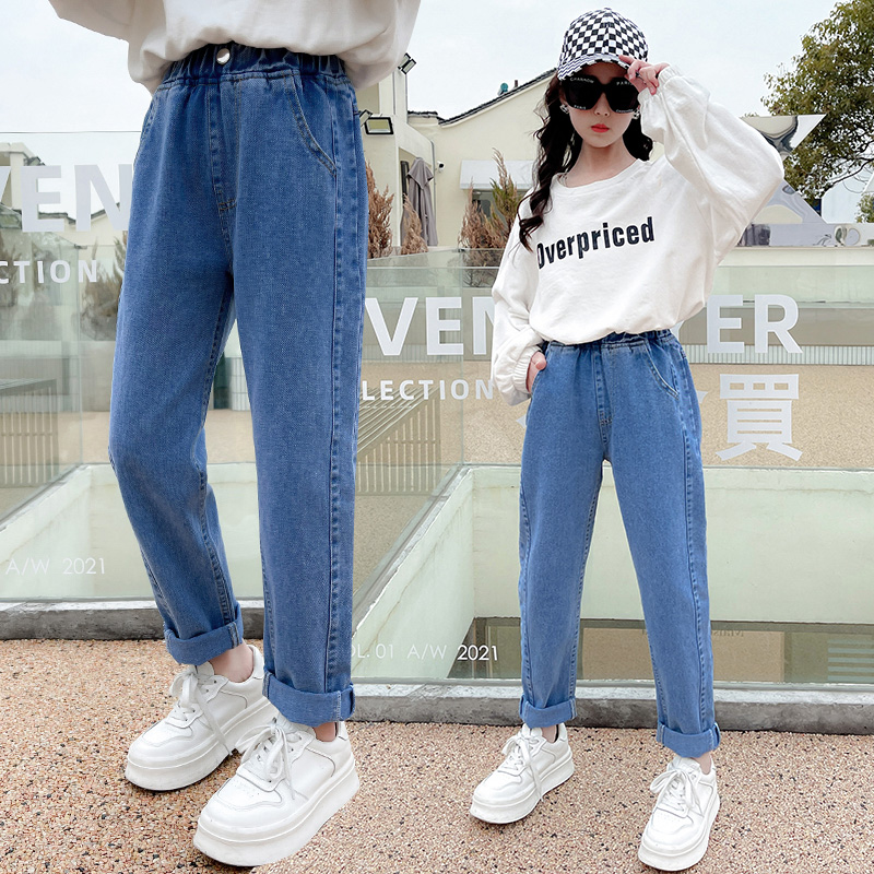 Girls' jeans 2022 spring and autumn new children's middle-aged children's denim trousers spring clothing girls Korean version of the Western style children's clothing