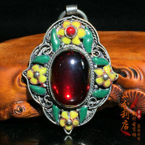 Antique collection old silversmith palace cloisonne baked blue old silver inlaid ruby ​​zircon old object silver pendant