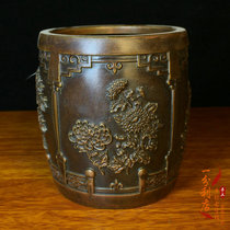 Antique study four treasures pure copper plum orchid bamboo and chrysanthemum pen holder ornaments old copper art solid storage brush holder old objects