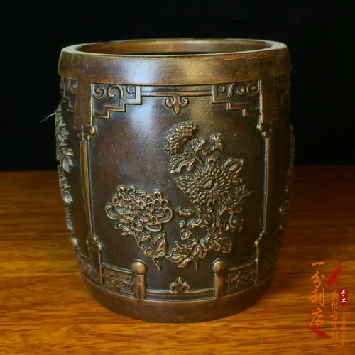 Сбор антиквариатов, четыре сокровища, чистого бронзового бамбукового хризантемы, книжная ванна, старая медная арт сплошной ручки