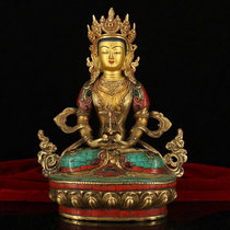 Tibetan Tantric Nepal handmade pure gilt copper inlaid turquoise longevity Buddha statue dedicated Feng Shui town house ornaments