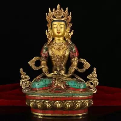 Tibetan Tantric Nepal handmade pure copper gilt inlaid Turquoise longevity Buddha statue dedicated Feng Shui decoration