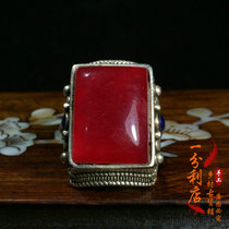 Antique Antique collection Qing Dynasty Ruby square ring holder ring face Old silver inlaid open silver ring Foot silver finger