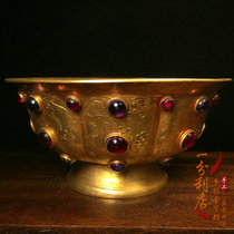 Nepal handmade pure copper gilt gold water supply bowl net water bowl inlaid gem holy water gold ware gift Buddha old objects