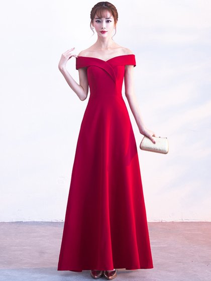 晚礼服宴会一字肩伴娘服白色派对婚礼订婚气质优雅简约长款连衣裙