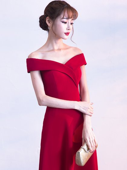 晚礼服宴会一字肩伴娘服白色派对婚礼订婚气质优雅简约长款连衣裙