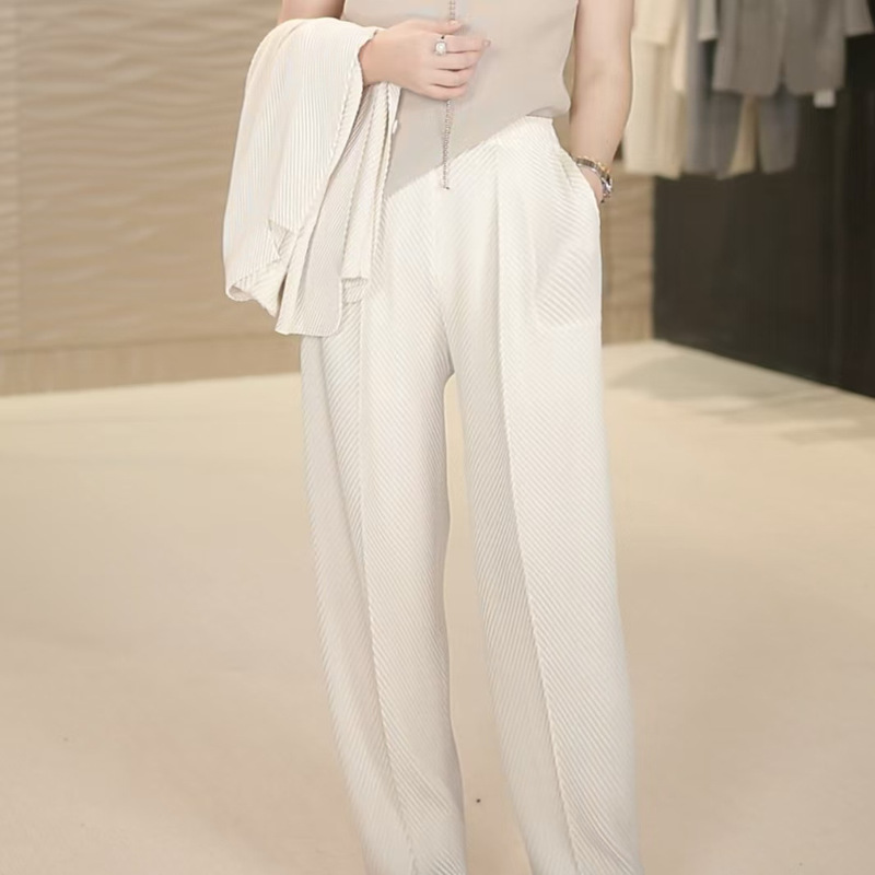 Pleated Niche Design Summer Fish Scale Pleats Fashionable Versatile Slightly Tapered Cropped Pants 16803