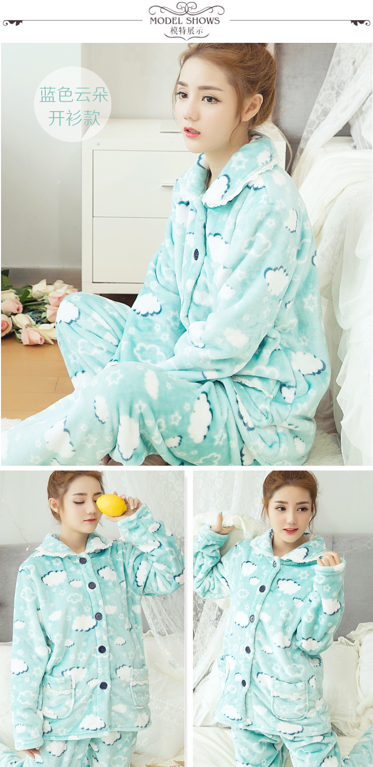 Pyjama mùa đông dày san hô lông cừu flannel dịch vụ nhà phù hợp với cardigan ấm hoạt hình đồ ngủ dễ thương kích thước lớn đồ bộ mặc nhà cao cấp hàn quốc
