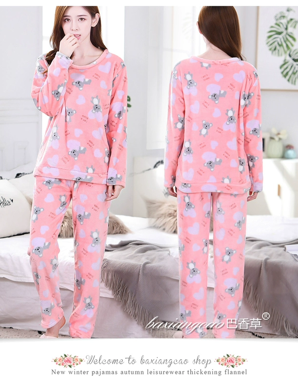 Đồ ngủ nữ mùa đông dài tay flannel dày gấu áo lông cừu san hô phù hợp với dịch vụ nhà nữ mùa thu và mùa đông phiên bản Hàn Quốc