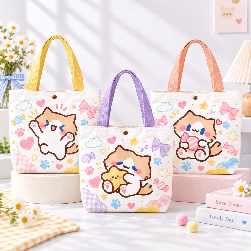 Original Monthly Payday Cat Double-Sided Printed Tote Bag, Cute and Adorable LAOSHU Canvas Bag, Gift for Best Friends and Friends, Small Bag