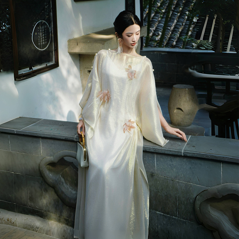 Chengyu Haute Couture【Floating Gold】New Chinese Style Gold Weaving 100% Mulberry Silk Handmade Three-Dimensional Flower Dress Chengyu Haute Couture【Floating Gold】New Chinese Style Gold Weaving 100% Mulberry Silk Handmade Three-Dimensional Flower Dress