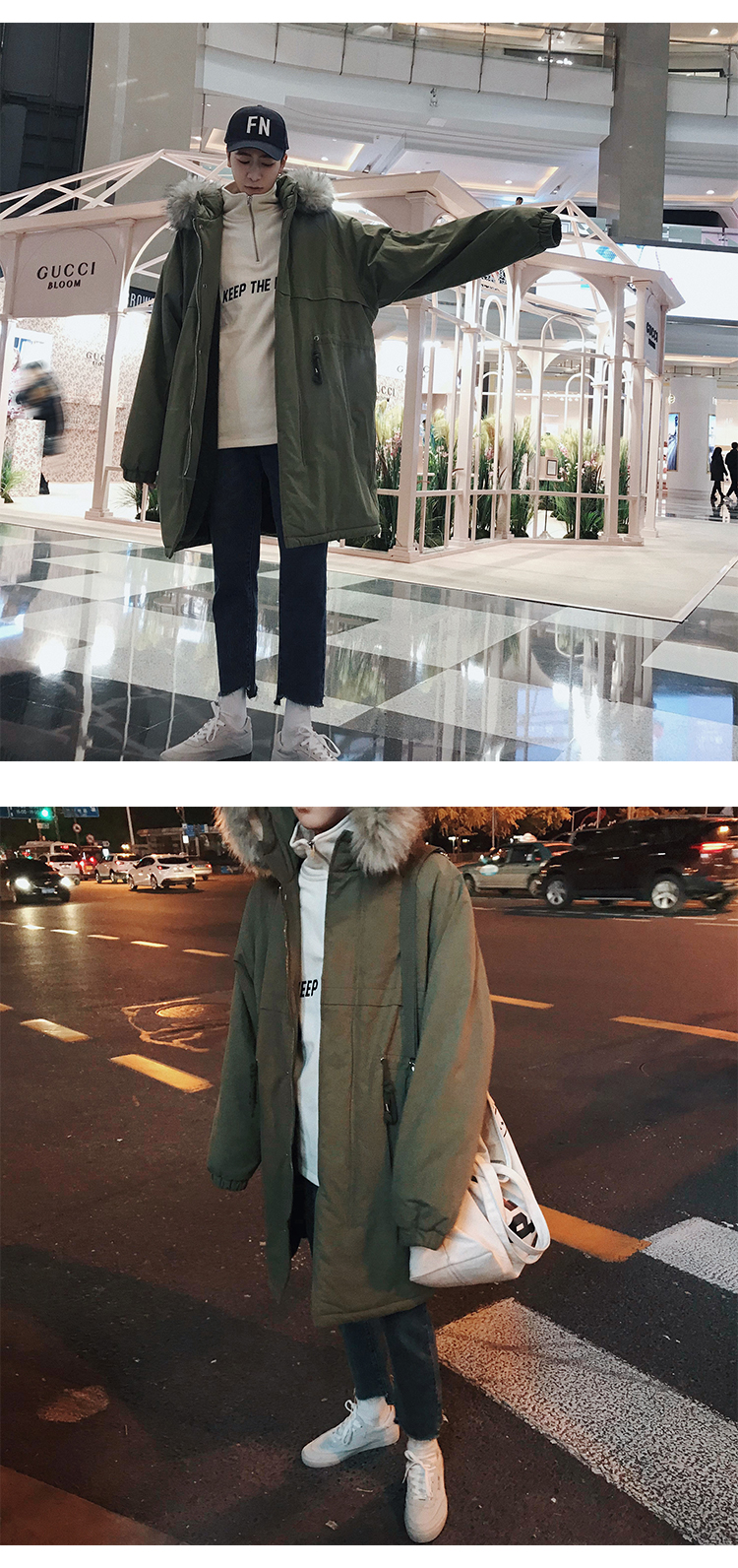 Ông Wozi phiên bản Hàn Quốc bf gió cừu lông lớn lông cổ áo cotton in teen rắn màu dài hoang dã áo choàng nam