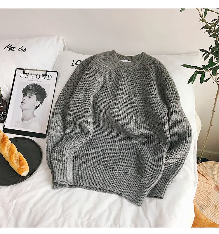 2018 thu đông mới Nhật Bản retro áo len cổ tròn màu rắn cổ điển Hàn Quốc giản dị hoang dã áo len tuổi teen quần áo nam