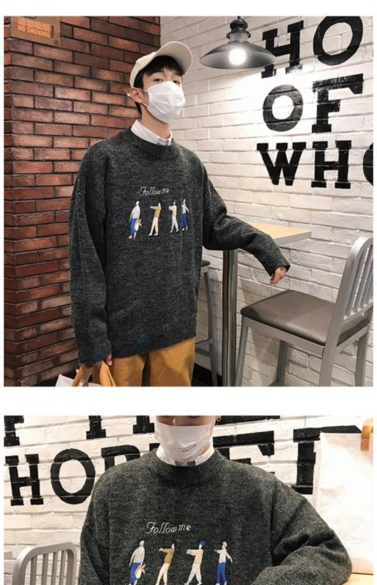 Thu đông 2018 mới Hồng Kông phong cách ulzzang thêu áo len cổ tròn áo len thanh niên Hàn Quốc giản dị áo hoodie nam form rộng