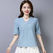 2020 mùa hè váy mới phong cách quốc gia của phụ nữ mặc loose nghệ thuật mỏng Trung Quốc bông lanh V-cổ áo Tang truyền thống