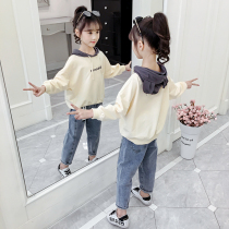 Girls Set Spring and Autumn 2021 New Korean version of the foreign style of the children plus velvet padded long sleeve sports two-piece set