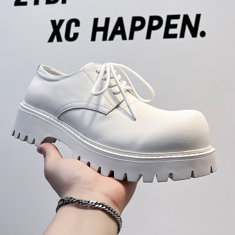 Mickey Derby Shoes for Men, High-End White Leather Shoes, Breathable Summer British Casual Height-Increasing Wedding Groom Shoes