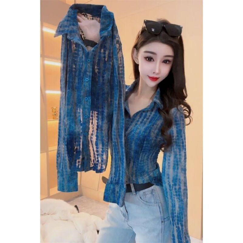 French-Style Blue Lace Flocking Shirt T-Shirt for Women, Elegant Slim-Fit Polo Collar Top, Long-Sleeve Light Luxury Base Shirt