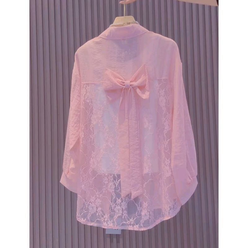 Korean-Style Sweet Lace Bowknot Lightweight Sheer Sun-Protective Shirt for Women, Summer Fashionable Thin Shirt for Layering