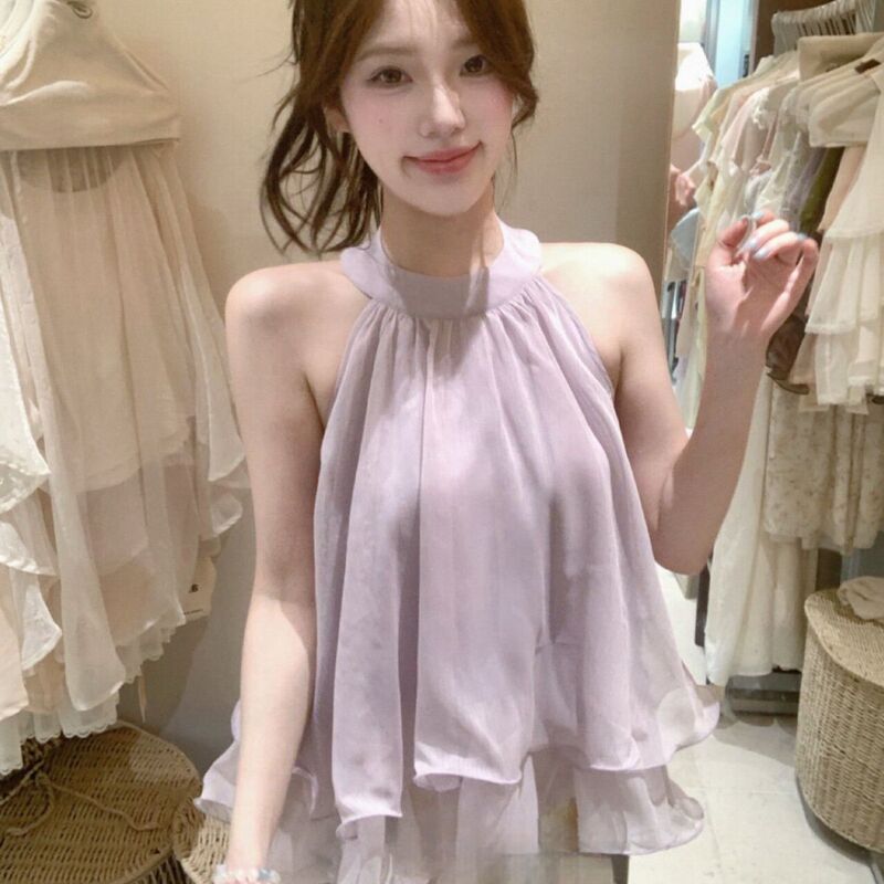 French-Style Ruffled Halter Neck Sleeveless Tank Top for Women, New Summer Model in Purple, Loose Fit, Versatile, Stunning and Atmospheric Base Top French-Style Ruffled Halter Neck Sleeveless Tank Top for Women, New Summer Model in Purple, Loose Fit, Versatile, Stunning and Atmospheric Base Top