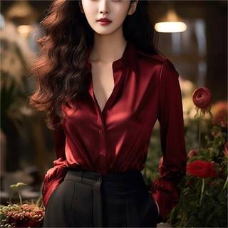 真丝醋酸缎面红色衬衫女早春季2025新款长袖法式掐腰正肩衬衣上衣