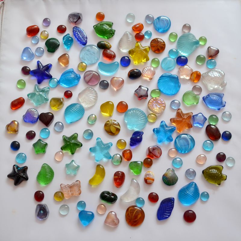 Free Shipping 0.5kg Mixed Color Glass Flat Beads, Round Marbles, Various Shapes of Glass Stones for Fish Tanks, Aquariums, and Home Decoration