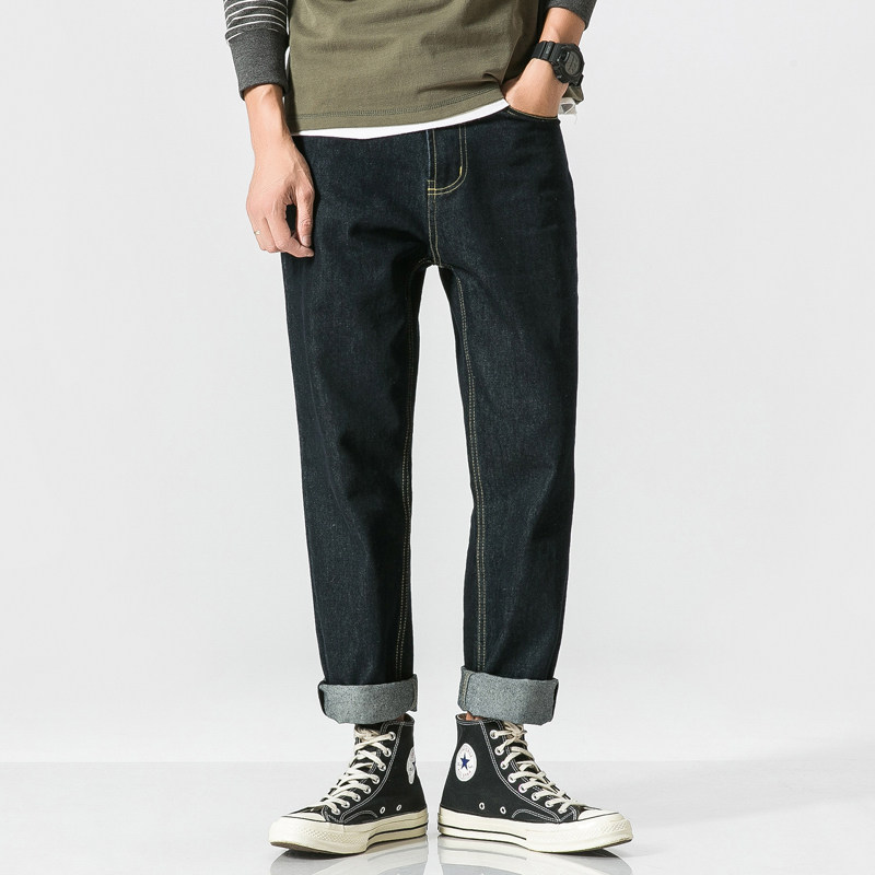 MyWay美式街头简约百搭日系复古基础款直筒牛仔贴标休闲裤男潮