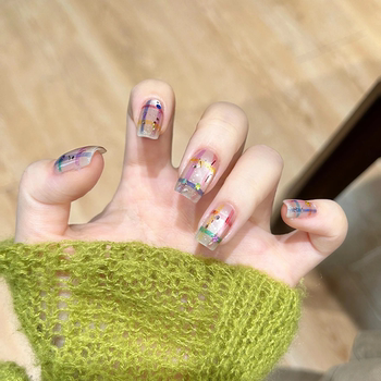手绘少女心可爱彩虹格纹亮片猫眼美甲成品手工定制穿戴甲
