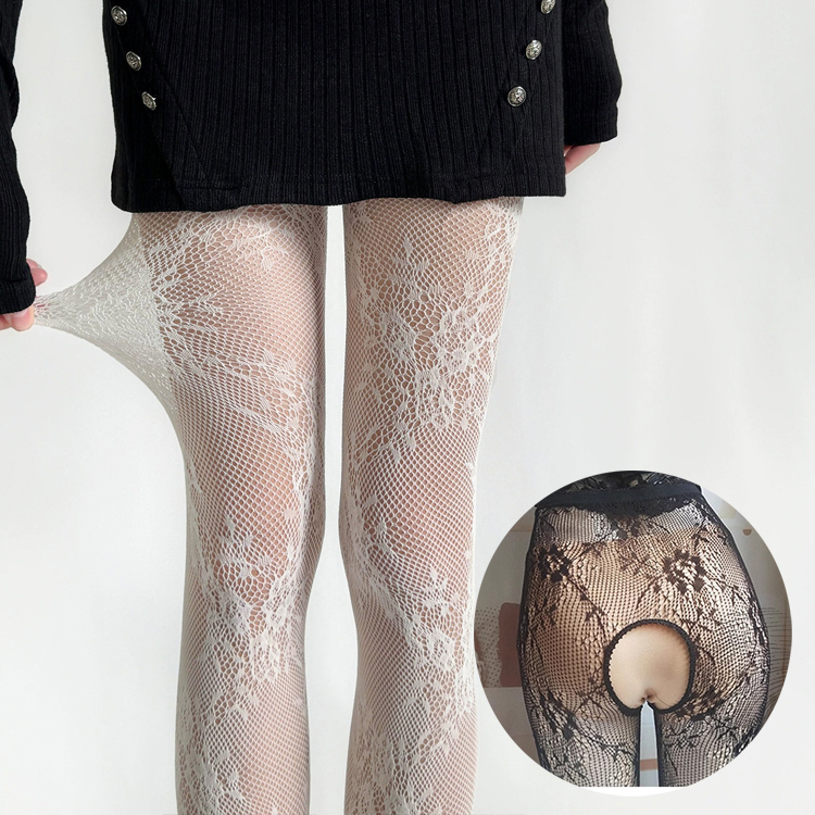 Open-Crotch Lace Pantyhose Spring and Summer Thin Sexy Jacquard Mesh Stockings Fishnet Stockings Women's Leggings No Need to Take Off