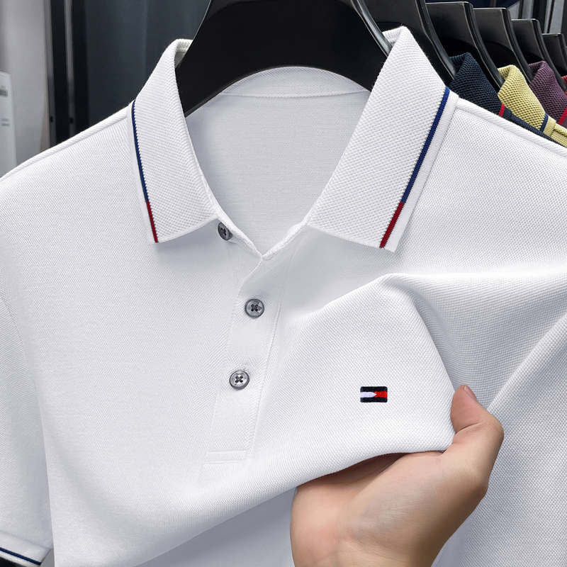 Authentic American Short-Sleeved Polo Shirt, Pique Cotton Business Casual Embroidered White T-Shirt for Young and Middle-Aged Men