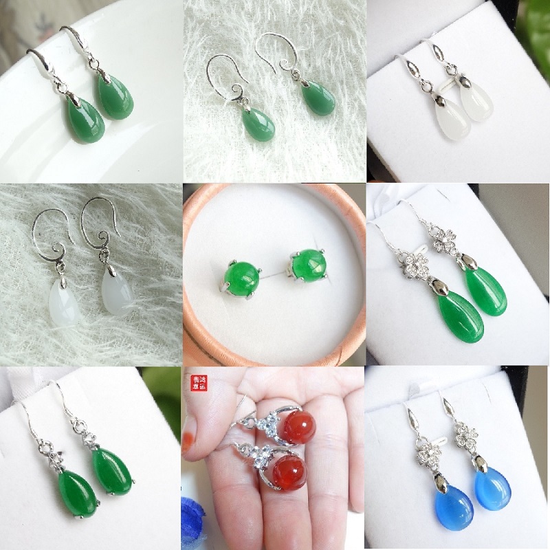 Fresh and elegant original natural emerald jade earrings pure silver jade medullary pendant white jade ear decorated with ancient wind jade