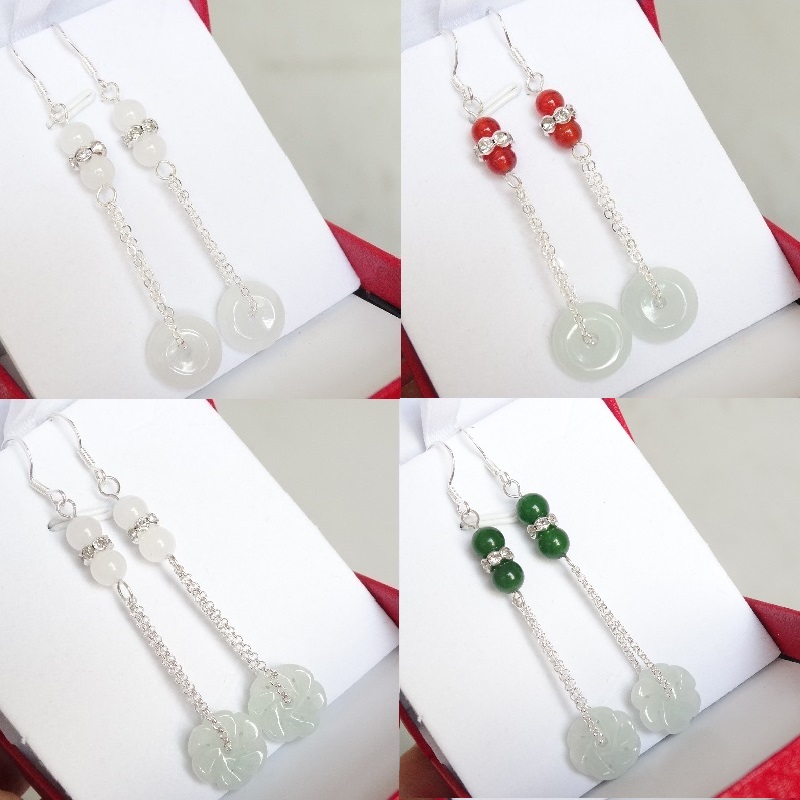 New Natural Emerald Poly Property Pure Silver Jade Earbuds Pendant Long version Stream Soar Ear Stitch Retro Earrings With a Slim Face