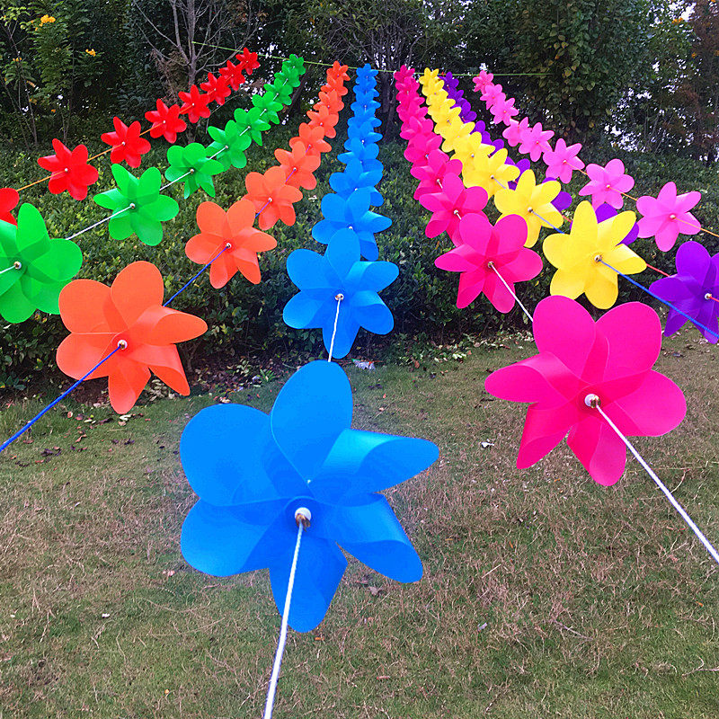 Colorful Hexagonal Pure Color Round Six Leaf String Type Windmill Toy Outdoor Building Pan Kindergarten Park Scenic Area Decoration Windmills